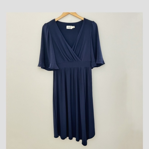 Eliza J Faux Wrap Dress Flutter Sleeve Elastic Waist V-Neck Surplice Bodice 10 - Picture 11 of 11